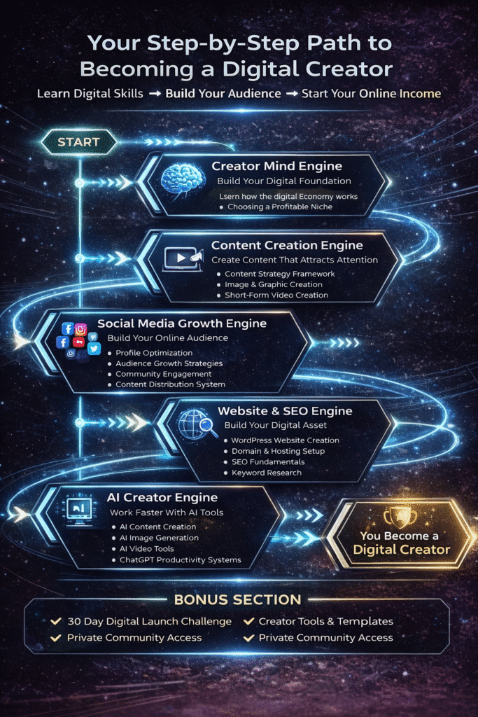 DigitalBhor Silver Membership course roadmap showing beginner to digital creator journey with content creation, social media growth, SEO and freelancing skills