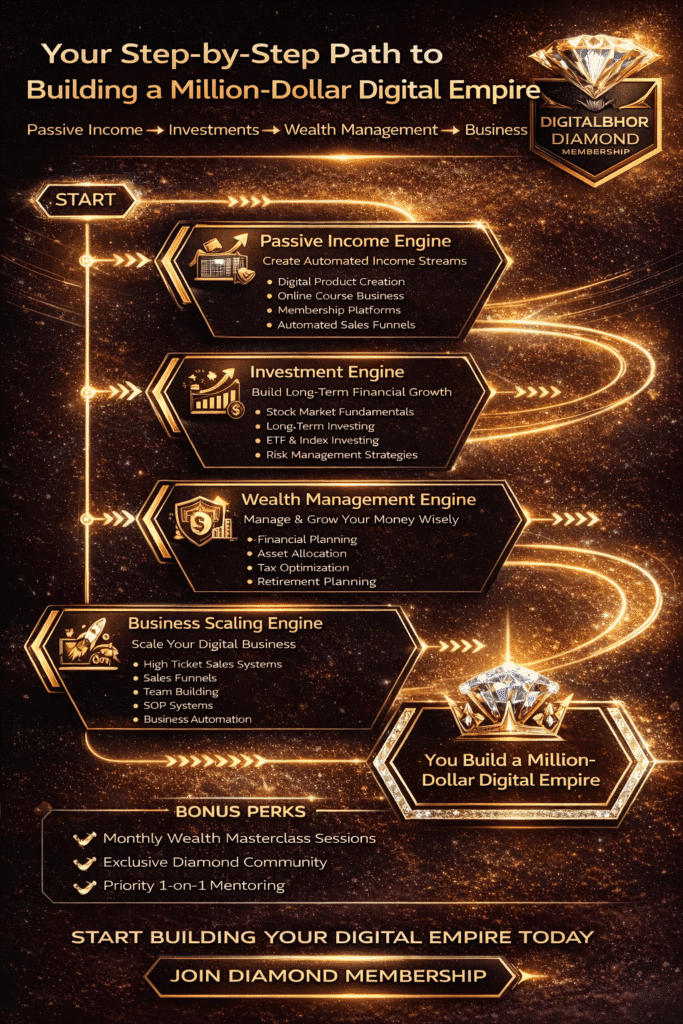 DigitalBhor Diamond Membership step by step roadmap showing passive income systems, investment strategies, wealth management, business scaling and digital empire building