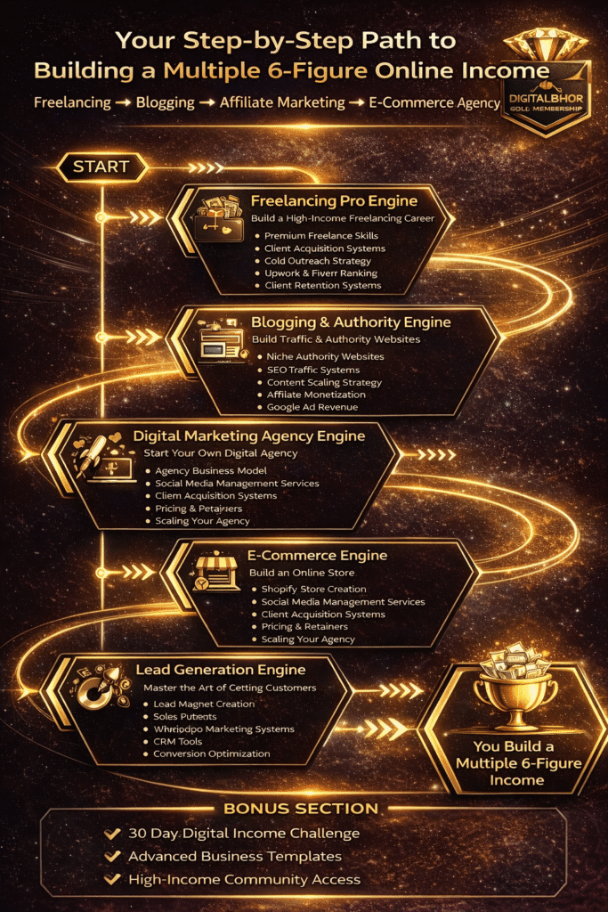 DigitalBhor Gold Membership step by step learning path showing freelancing, blogging, affiliate marketing, digital marketing agency, ecommerce, lead generation and traffic generation systems to build online income