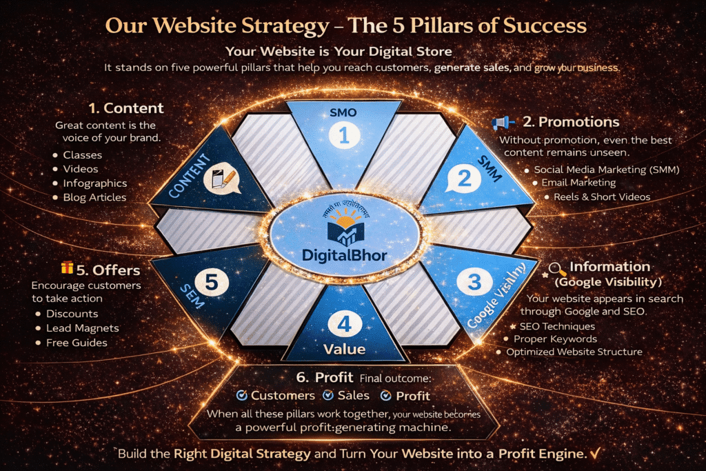 DigitalBhor digital marketing framework showing five pillars including content creation, promotion, SEO visibility, value and offers