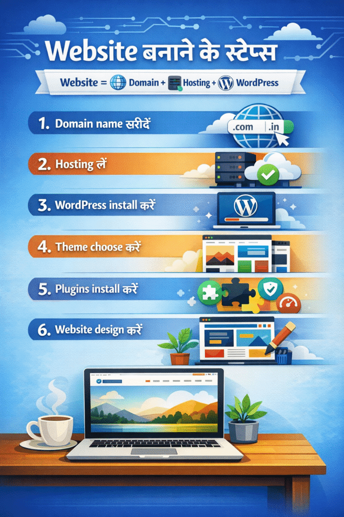WordPress setup steps domain hosting diagram